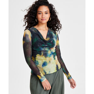 Bar III Petite Green Abstract Printed Long-Sleeve Cowlneck Mesh Top NWT